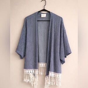 Green Dragon Geometric Kimono Women’s XLarge Boho Fringe Layering Elevated